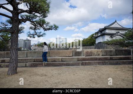 I visitatori camminano lungo le massicce mura in pietra del Castello di Osaka, incorniciate da pini sotto un cielo invernale Foto Stock