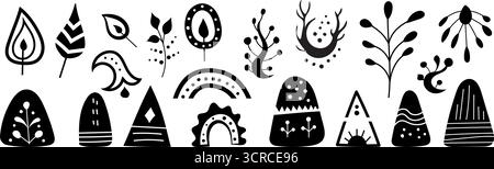 Un vasto assortimento di disegni in bianco e nero mostra rappresentazioni astratte di foglie, fiori, alberi e forme geometriche. Illustrazione Vettoriale