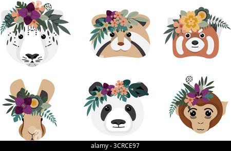 Sei adorabili volti di animali adornati da colorate composizioni floreali mostrano una miscela creativa di fauna selvatica e natura. Ogni personaggio riflette un playfu Illustrazione Vettoriale