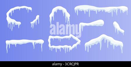 Un set di cornici vettoriali snowcap in diverse forme, arricchite da ghiaccioli per decorazioni e design natalizi invernali. Illustrazione Vettoriale