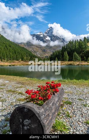 Il Cervino, a 4.478 metri sul livello del mare, incornicia la città di Breuil-Cervinia, rinomata meta turistica della Valle d'Aosta Foto Stock