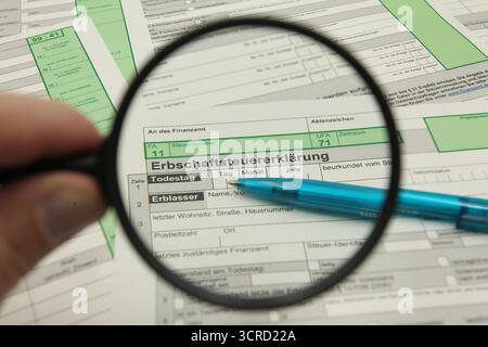 DATA DI REGISTRAZIONE NON INDICATA Vordrucke zur Erbschaftssteuererklärung liegen auf einem Schreibtisch. Simbolo/simbolo foto. Schnelsen Hamburg *** moduli di dichiarazione dei redditi ereditari posti su una scrivania immagine del simbolo foto del simbolo Schnelsen Hamburg Foto Stock