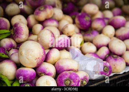 Radici di rapa esposte per la vendita alla greengrocery Foto Stock