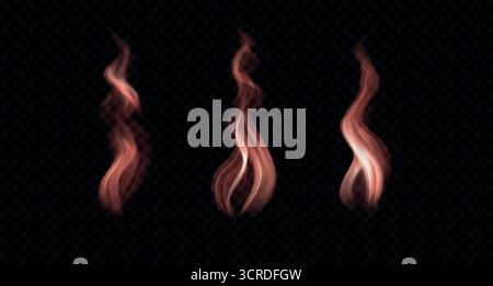 Fumo magico e colorato. Effetto vapore vettoriale realistico. Set di nebbia ondulata rossa e arancione isolato su sfondo scuro trasparente Illustrazione Vettoriale