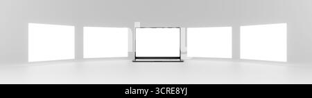 Sequenza di cinque schermi per laptop con il computer al centro e schermi mobili ai lati su sfondo bianco. Modello vuoto per il sito Web Foto Stock
