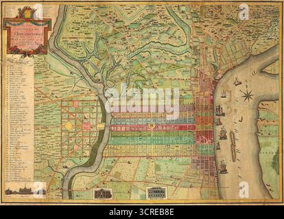 Mappa storica delle strade di Philadelphia di P. C. Varte, che mostra la disposizione della città lungo il fiume Delaware. Stati Uniti. 1802. Foto Stock