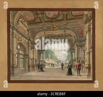 Scenografia di Philippe Chaperon per l'opera Les Huguenots di Giacomo Meyerbeer, atto I. Théâtre National de l'Opéra, Palais Garnier. Parigi, Francia. 1896. Foto Stock