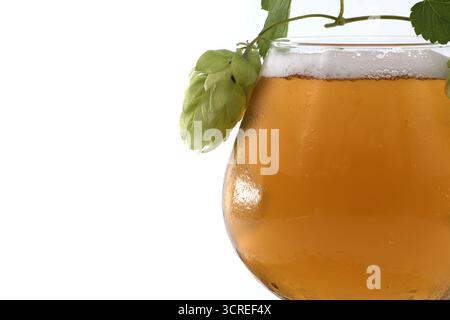 Un rinfrescante bicchiere di birra con schiuma spuma, adornato con luppolo, che crea una bella composizione su uno sfondo bianco. Foto Stock