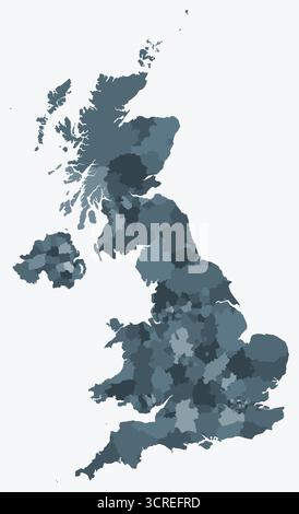 Mappa del Regno Unito con le regioni. Solo una semplice mappa di confine con la divisione della regione. Tavolozza dei colori blu/grigio. Illustrazione Vettoriale