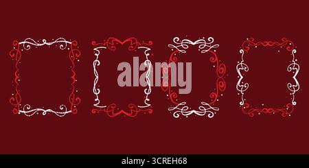Collezione di cornici decorative natalizie in stile disegnato a mano con isolamento su sfondo rosso. Bordi ornamentali rossi e bianchi con vortici, ricci e. Illustrazione Vettoriale