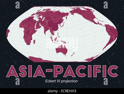 Asia-Pacifico. Mappa del mondo. Proiezione di Eckert vi incentrata sull'Asia-Pacifico. Pallido Mint Dark Pink (Rosa scuro). Texture vintage. Illustrazione vettoriale originale. Illustrazione Vettoriale