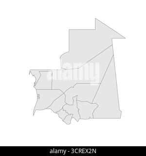 Mappa politica della Mauritania delle divisioni amministrative - regioni e dipartimenti Nouakchott. EPS mappa modificabile con vettore vuoto grigio. Illustrazione Vettoriale