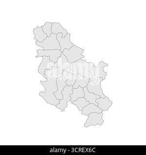 Mappa politica della Serbia delle divisioni amministrative - okrugs e città autonoma di Belgrado. EPS mappa modificabile con vettore vuoto grigio. Illustrazione Vettoriale