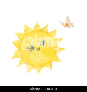 Giallo sole con i raggi guarda la farfalla. Illustrazione acquerello. Il sole divertente con gli occhi sorride, isolato su sfondo bianco. Per la stampa su te Foto Stock