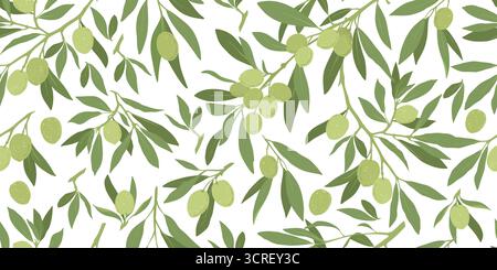 Rami con olive senza cuciture. Fondo di frutta verde e nera matura oliva. Concetto di branding per azienda produttrice di olio d'oliva, biologico ed ecologico Illustrazione Vettoriale