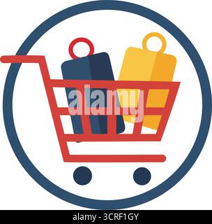 Carrello con l'icona delle borse per l'illustrazione vettoriale delle piattaforme di e-commerce, retail e business online Illustrazione Vettoriale