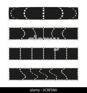 Set di tre strisce. Linee di perforazione decorative. Bianco e nero astratto. Elemento in carta vettoriale. EPS 10. Illustrazione Vettoriale