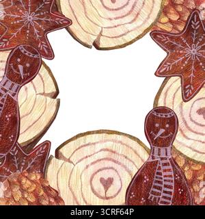 Telaio in legno tagliato con pupazzo di neve di zenzero con sciarpa e biscotti. Illustrazione acquerello. Per riviste, libri di Natale vintage retrò e vacanze de Foto Stock
