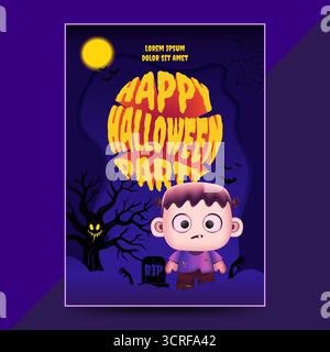 Poster della festa di Halloween scuro con un mostro cartoni animati, un albero infestato, pipistrelli, luna e tipografia spaventosa. Perfetto per volantini di feste e inviti a eventi Illustrazione Vettoriale