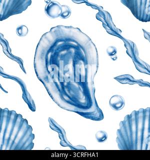 Conchiglie marine dal motivo senza cuciture: Ostriche, conchiglia cemicircolare a coste, laminaria, bolle d'aria nei colori monocromatici blu. Grafica minimalista a portata di mano Foto Stock