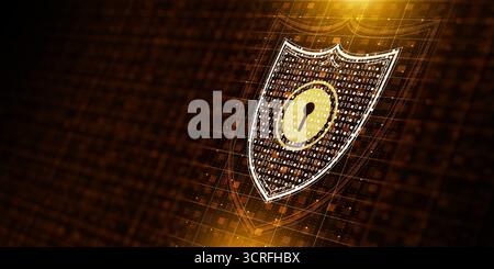 Schermo luminoso astratto con codice binario e blocco di sicurezza su sfondo digitale arancione. Difesa informatica, dati crittografati, reti online sicure, firewall Foto Stock
