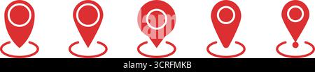 Set di icone fisse con puntino di posizione rosso. Navigazione, GPS e Map Marker silhouette Symbol Collection. Strumenti di geolocalizzazione e posizionamento. Vettore isolato Illustrazione Vettoriale