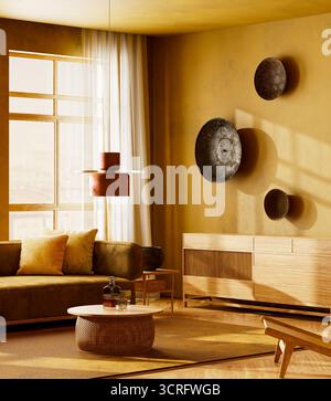 Caldo soggiorno boho eclettico con pareti gialle, arredi artistici a parete, comodo divano e tessuti naturali, a creare un'atmosfera vibrante e invitante. 3D. Foto Stock