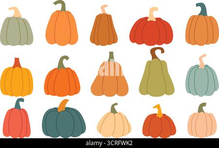 Set di zucche colorate di varie forme e dimensioni. Graziosa collezione di verdure autunnali disegnate a mano. Delizie di diverse varietà clip art, elemen vettoriali Illustrazione Vettoriale