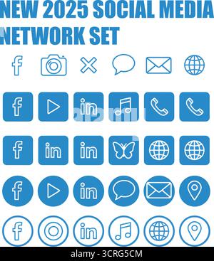 Nuovo set di social media 2025 e icone di contatto: Posizione, telefono, e-mail, sito Web. Facebook, Instagram, X, YouTube, Whatsapp, telegramma, TikTok e. Illustrazione Vettoriale