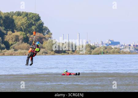 Wasserrettungsübung von Polizei NRW am Rhein in Leverkusen Unweit eines Fähranlegers am Rhein in Leverkusen-Hitdorf übten am Mittwochvormittag die Fliegerstaffel der Polizei NRW gemeinsam mit weiteren Einheiten der Polizei die Personensuche- und Rettung in und aus Gewässern. Ziel der großen Übung der Polizei War es, Die Patientenrettung möglichst effizient und schnell abarbeiten zu können. Insgesamt waren mehr als 30 Einsatzkräfte an der Aufsehen erregenden Übung beteiligt. Leverkusen-Hitdorf Nordrhein-Westfalen Deutschland *** esercitazione di salvataggio idrico della polizia NRW sul Reno a Leverkusen, non fa Foto Stock