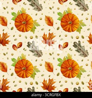 Un motivo ad acquerello autunnale senza cuciture con foglie e zucche su sfondo beige. Foto Stock