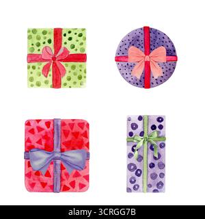 Set di scatole regalo legate con un nastro e un fiocco. Illustrazione acquerello isolata su bianco. Perfetto per Natale, Capodanno, compleanno, festa Foto Stock
