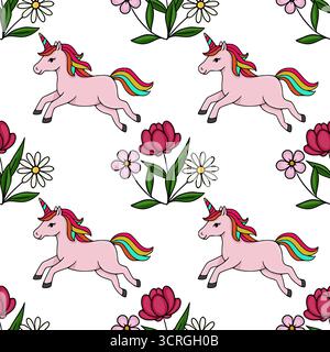 Stravaganti unicorni rosa con foglie arcobaleno e code si alternano tra delicati fiori in un motivo vettoriale senza cuciture. Illustrazione Vettoriale