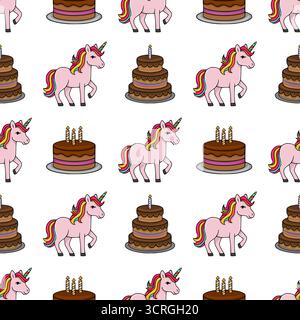 Stravagante motivo vettoriale senza cuciture con unicorni rosa con anguille arcobaleno e code insieme a torte di compleanno al cioccolato a strati adornate con candele. Illustrazione Vettoriale