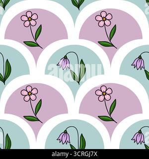Un affascinante motivo vettoriale senza cuciture caratterizzato da delicate margherite rosa e fiori di campanello viola cadenti su un morbido sfondo pastello con un'ar stilizzata Illustrazione Vettoriale