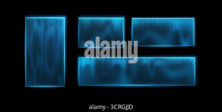 Elementi di interfaccia futuristici con bordi al neon lucidi in vetro nervato per un design dell'interfaccia utente: Cornici blu brillanti, forme rettangolari con superficie ruvida. Pulsanti e pannelli fantascientifici per il gioco. Illustrazione Vettoriale