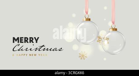 Striscione natalizio con palle di vetro trasparente realistiche appese e fiocchi di neve volanti d'oro. Illustrazione vettoriale in stile 3D. Illustrazione Vettoriale