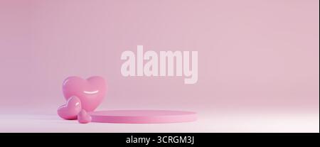 Composizione 3d con podio cardiaco con forme rosa lucide e piattaforma circolare per l'esposizione dei prodotti o le presentazioni di San Valentino. Scenografia romantica dallo stile minimal con sfumature bg per vetrine a tema cosmetico o d'amore. Illustrazione Vettoriale