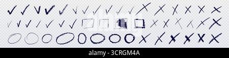 Segni di spunta e segni a croce impostati isolati su sfondo trasparente. Illustrazione vettoriale realistica di segni di spunta scritti a mano, cornici circolari e quadrate, simboli di voto che indicano sì o no, segno di spunta fatto Illustrazione Vettoriale