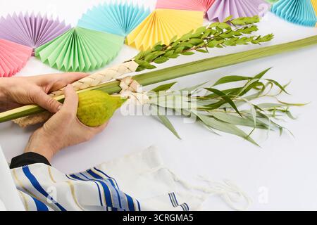 Festa ebraica di Sukkot. Simboli tradizionali Etrog e Lulav nelle mani Foto Stock