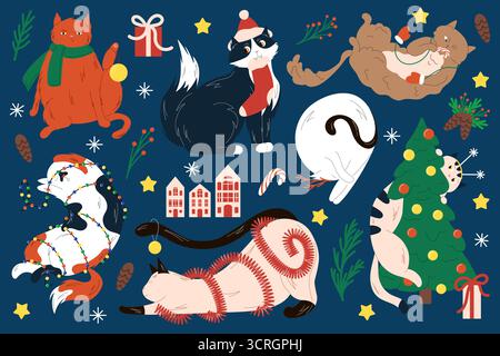 Collezione di gatti natalizi che indossa cappelli di Babbo Natale sciarpe e decorazioni natalizie su sfondo blu scuro con stelle fiocchi di neve e ornamenti Illustrazione Vettoriale