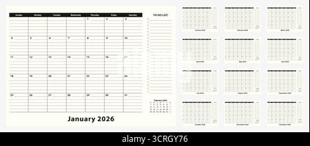 Calendario mensile del Business Desk Pad per l'anno 2026, 12 mesi. Calendario con elenco delle cose da fare e spazio per le note in bianco e nero. Illustrazione Vettoriale