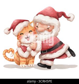 Illustrazione del cartone animato acquerello di babbo natale abbracciare il gatto in costume di natale su sfondo bianco isolato . Foto Stock
