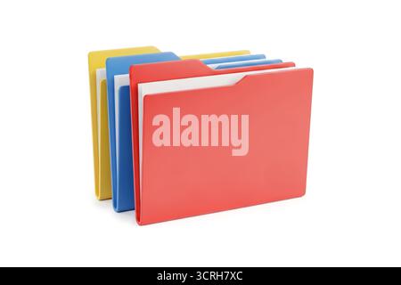 rendering 3d di tre cartelle colorate in rosso, giallo e blu, isolate su sfondo bianco, che simboleggiano il lavoro di squadra, la diversità e la gestione dei documenti Foto Stock