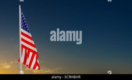 Foto ravvicinata di una bandiera americana su un palo al tramonto con copia dello sfondo dello spazio, elezioni presidenziali di metà mandato, festa nazionale americana, luglio Foto Stock