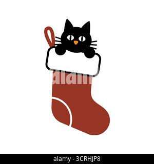 Il gatto nero giocoso sbircia da un'illustrazione vettoriale natalizia rossa Illustrazione Vettoriale