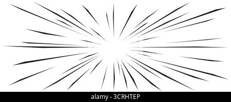 Sfondo comico dinamico con linee nere di velocità che si irradiano dal centro. Audace effetto motion in stile manga anime, perfetto per poster d'azione e copertine Illustrazione Vettoriale