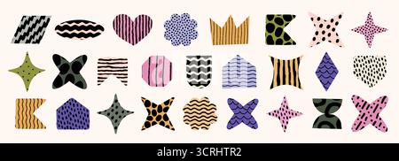 Forme colorate astratte con fantasie e texture divertenti a matita. Disegni vettoriali ondulati, punteggiati e a strisce disegnati a mano. Ottimo per adesivi, tessuti Illustrazione Vettoriale