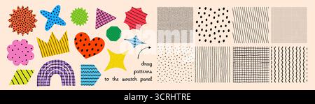 Collezione di fantasie vettoriali con forme astratte colorate come stelle, cuori, fiori, corone, arcobaleni, e frecce. Serie di vettori di campitura con pastello Illustrazione Vettoriale