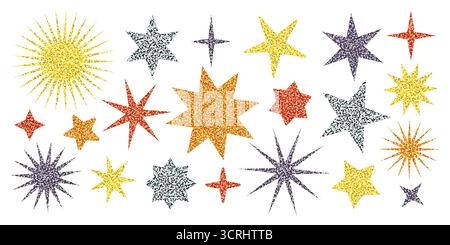 Adesivi con stelle glitter in luccicanti texture di paillettes. Brillanti forme vettoriali nei colori oro, argento, bronzo e oro rosa. Ottimo per le feste Illustrazione Vettoriale
